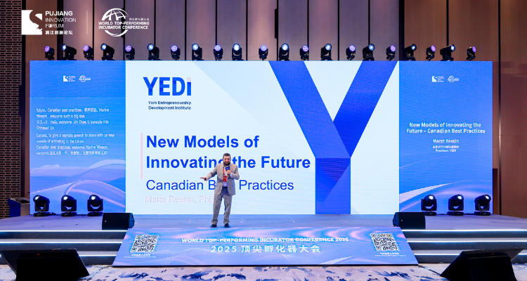 Photo of Dr. Marat Ressin presenting YEDI’s “New Models of Innovating the Future – Canadian Best Practices” at the World Top-Performing Incubator Conference 2025